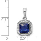 Sterling Silver Rhodium Plated Clear CZ and Square Blue CZ Pendant