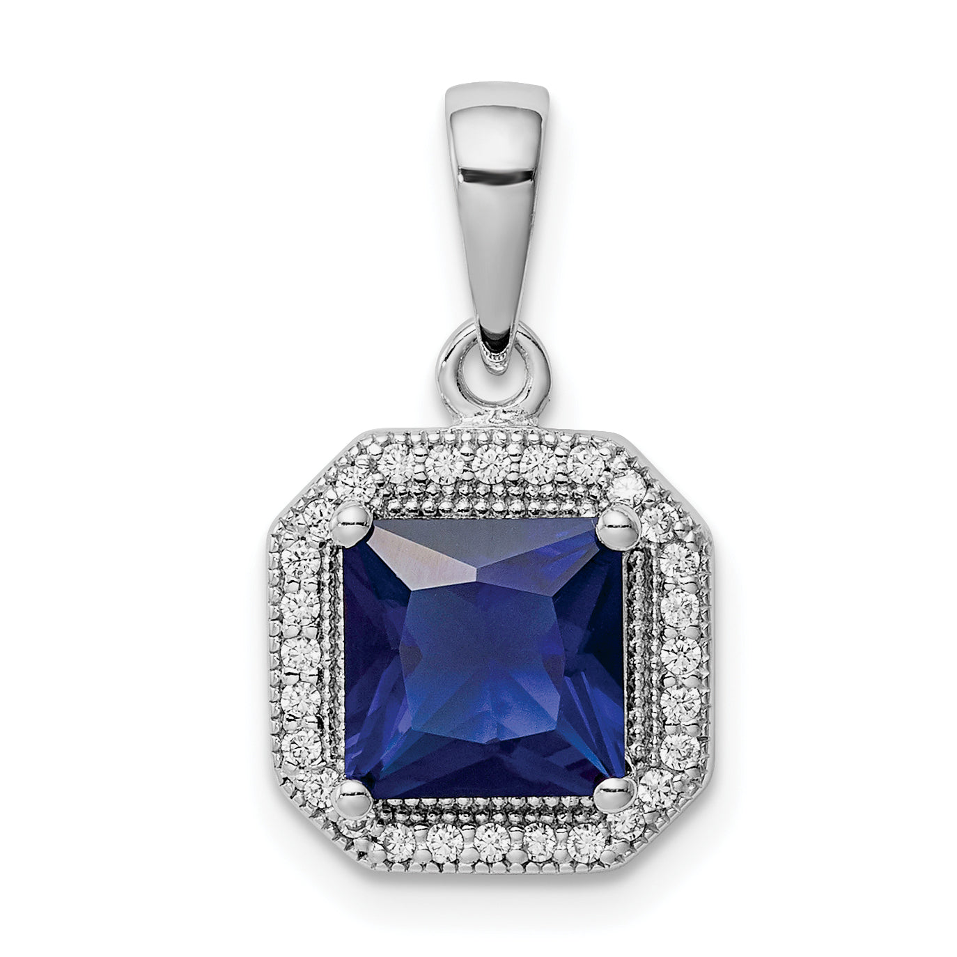 Sterling Silver Rhodium Plated Clear CZ and Square Blue CZ Pendant Main image