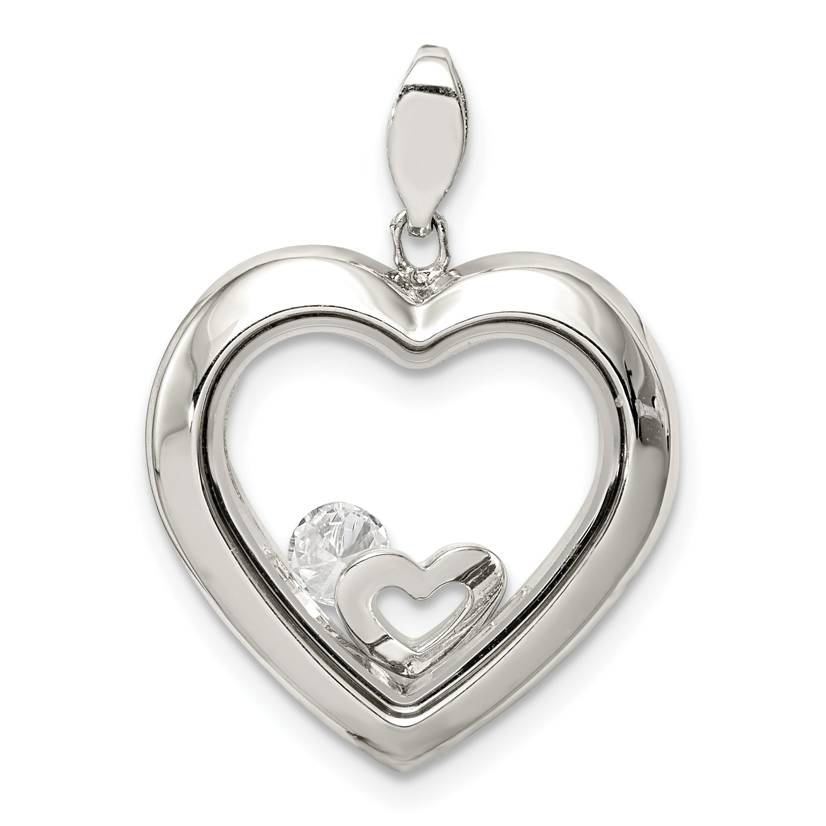 Sterling Silver Rhodium-plated CZ 19mm Heart Glass Pendant