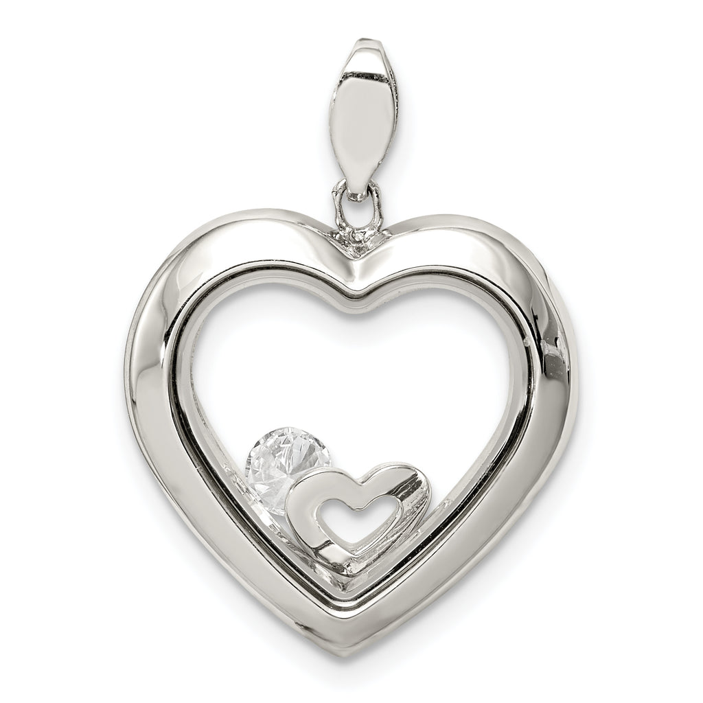 Sterling Silver Rhodium-plated CZ 19mm Heart Glass Pendant