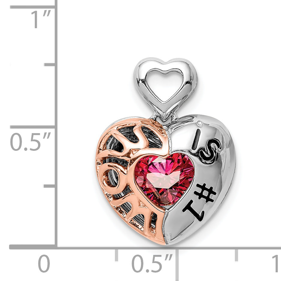 Sterling Silver Rhod-plated & Rose-tone Mom is #1 Vibrant Red CZ Pendant