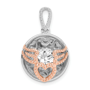 Sterling Silver Rhod-plated & Rose-tone Heart & Wings w/Vibrant CZ Pendant