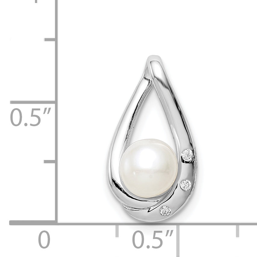 Sterling Silver Rhodium-plated CZ (6-7mm) FWC Pearl Teardrop Chain Slide