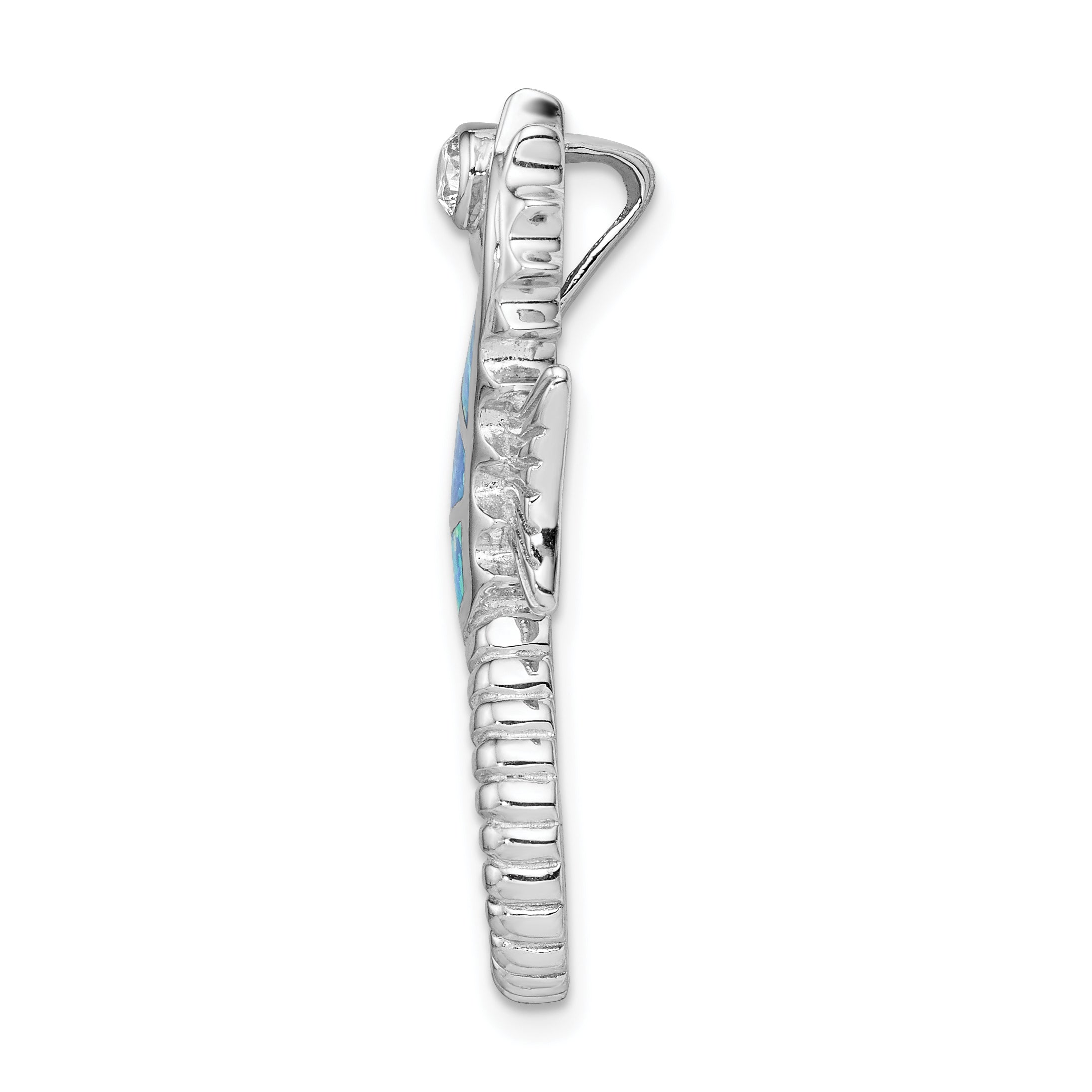 Sterling Silver Rhodium-plated Polished Created Opal and CZ Seahorse Chain Slide Secondary image