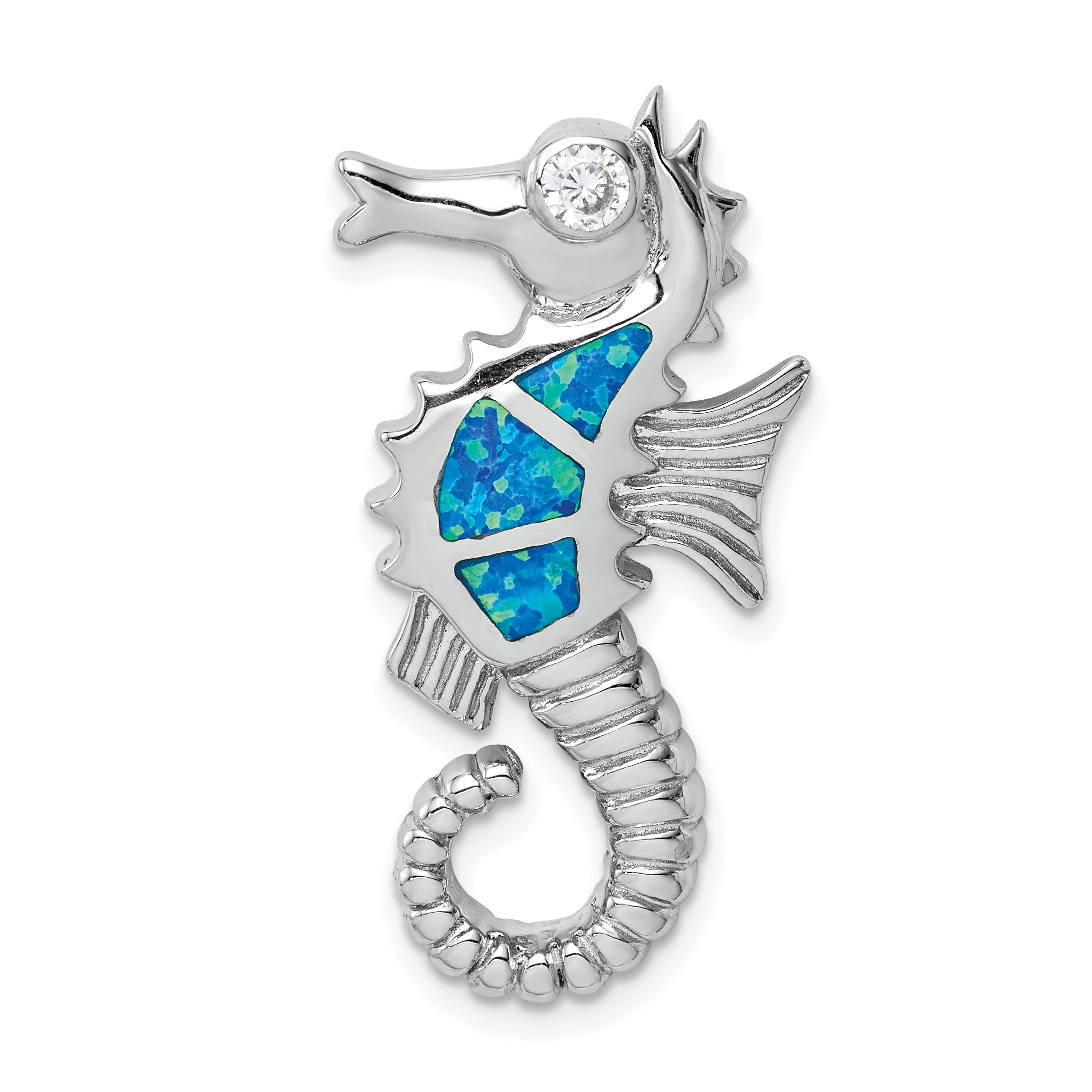 Sterling Silver Rhodium-plated Polished Created Opal and CZ Seahorse Chain Slide Main image