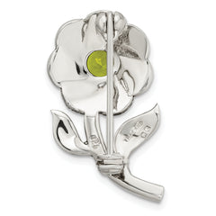 Sterling Silver Antiqued Enamel Marcasite and Green Glass Stone Flower Pin