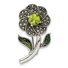 Sterling Silver Antiqued Enamel Marcasite and Green Glass Stone Flower Pin