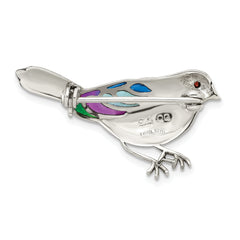 Sterling Silver Antiqued Multicolored Enameled Marcasite and Garnet Bird Pin Brooch