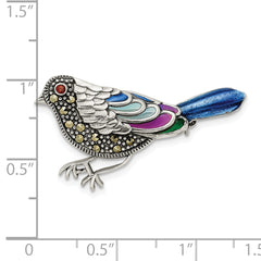 Sterling Silver Antiqued Multicolored Enameled Marcasite and Garnet Bird Pin Brooch
