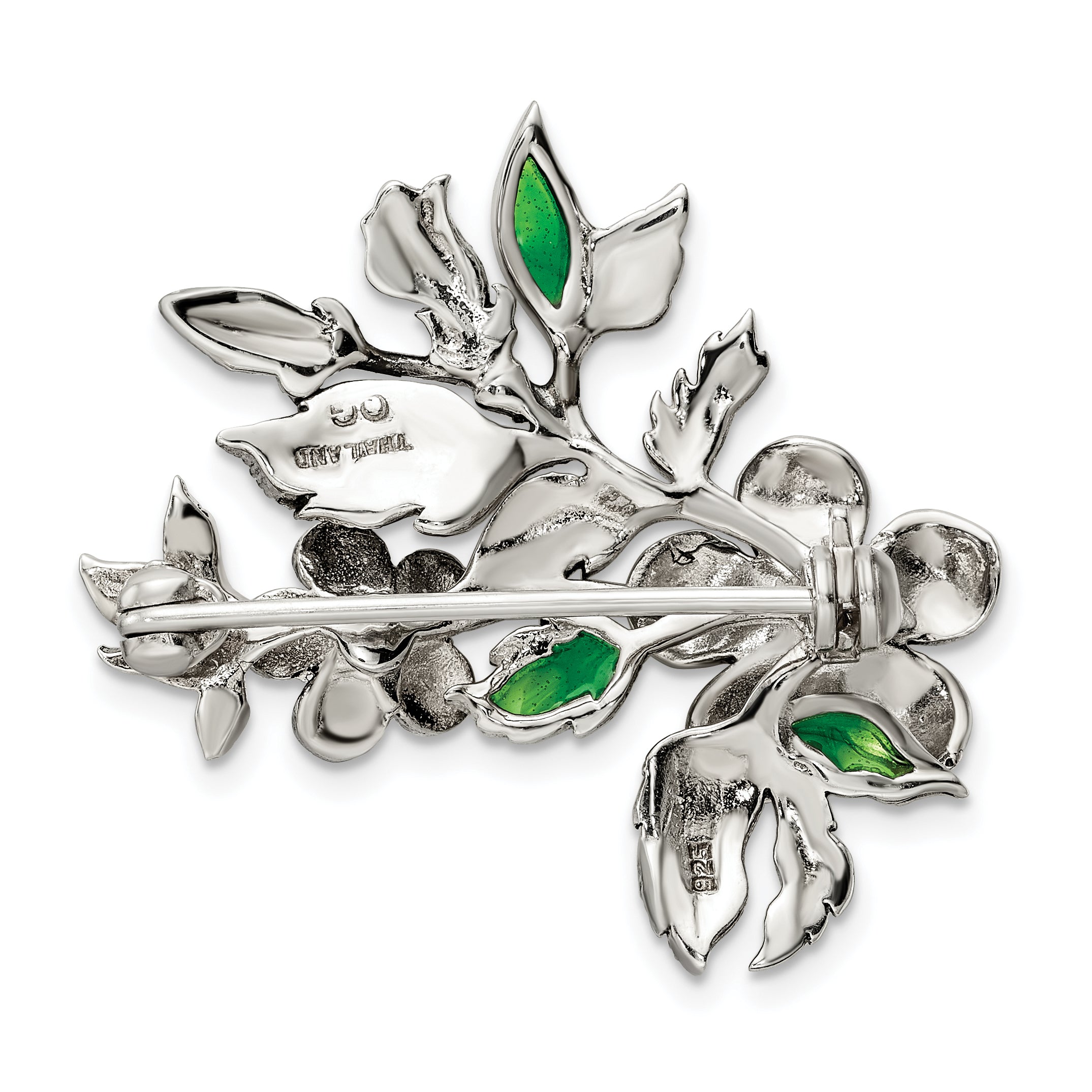 Sterling Silver Antiqued Freshwater Cultured Pearl Green Enamel Marcasite Floral Pin Brooch