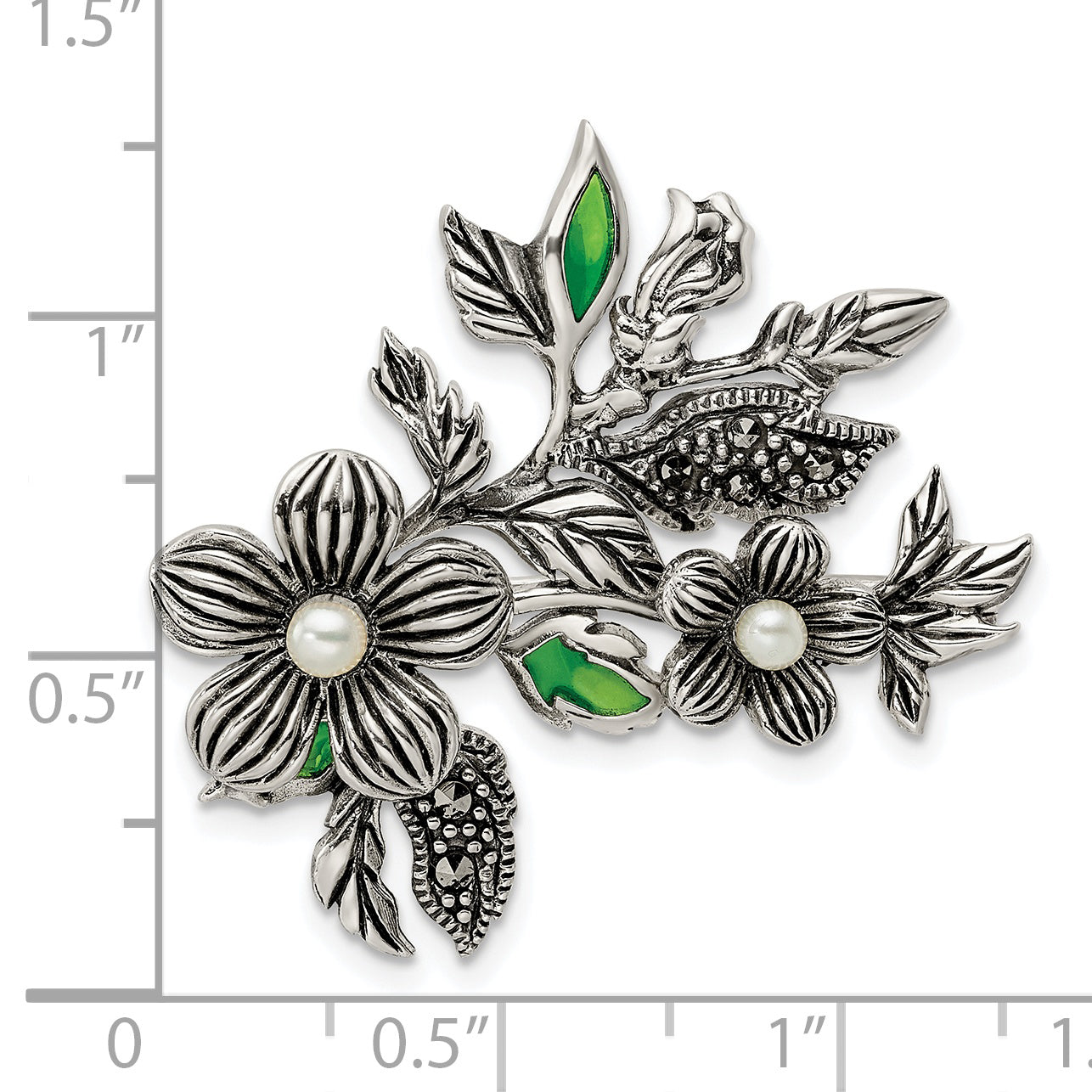 Sterling Silver Antiqued Freshwater Cultured Pearl Green Enamel Marcasite Floral Pin Brooch
