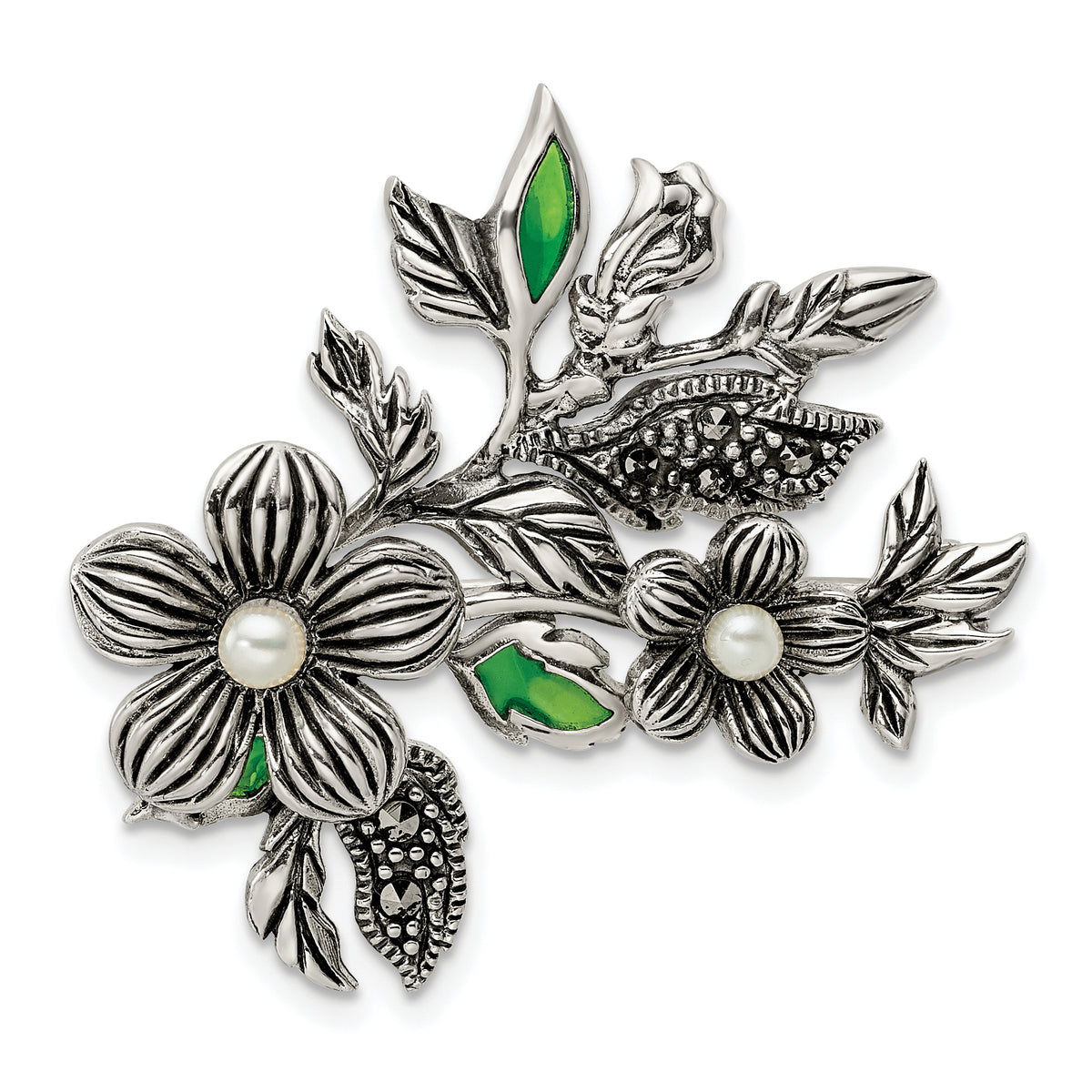 Sterling Silver Antiqued Freshwater Cultured Pearl Green Enamel Marcasite Floral Pin Brooch