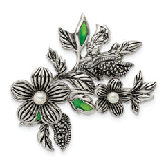 Sterling Silver Antiqued Freshwater Cultured Pearl Green Enamel Marcasite Floral Pin Brooch