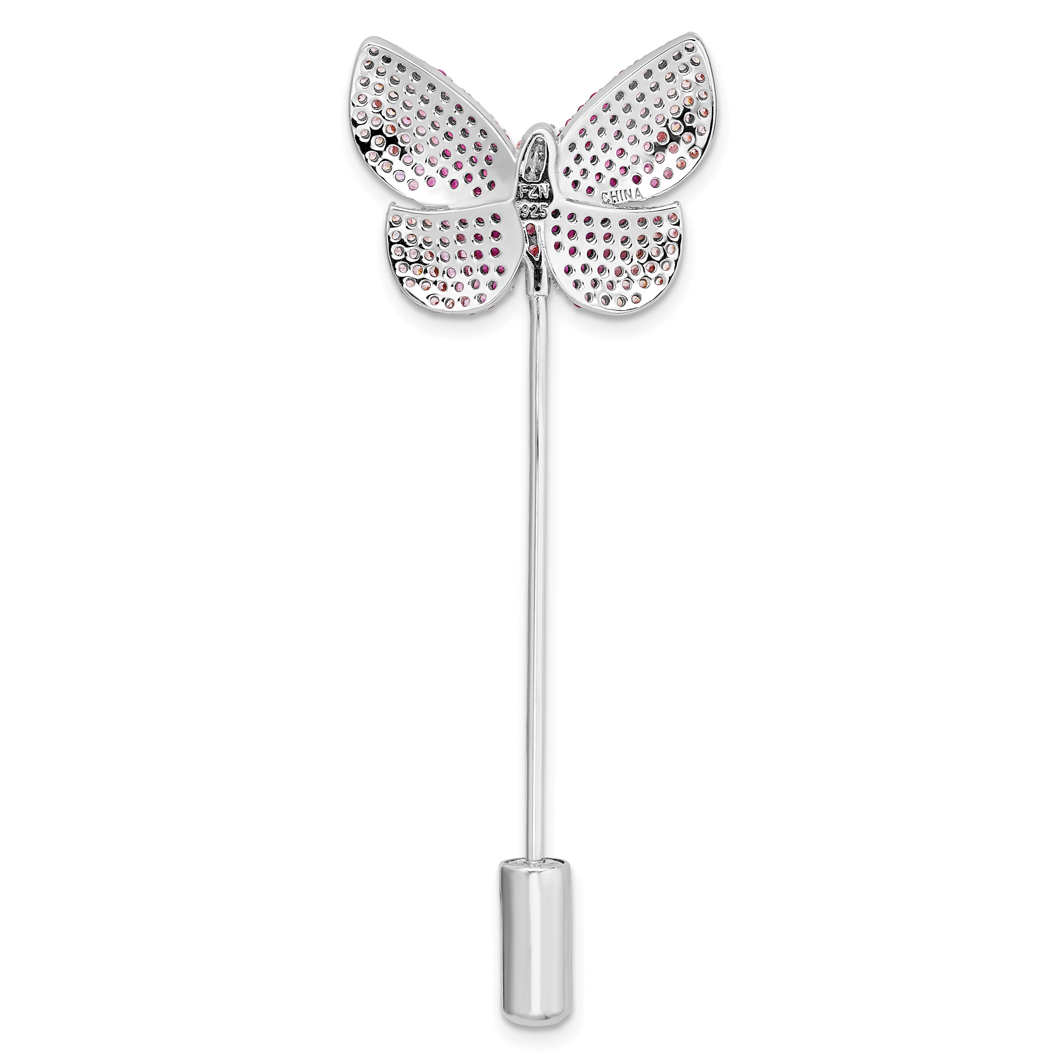 Sterling Silver Rhodium-plated Polished Pink CZ Butterfly Pin