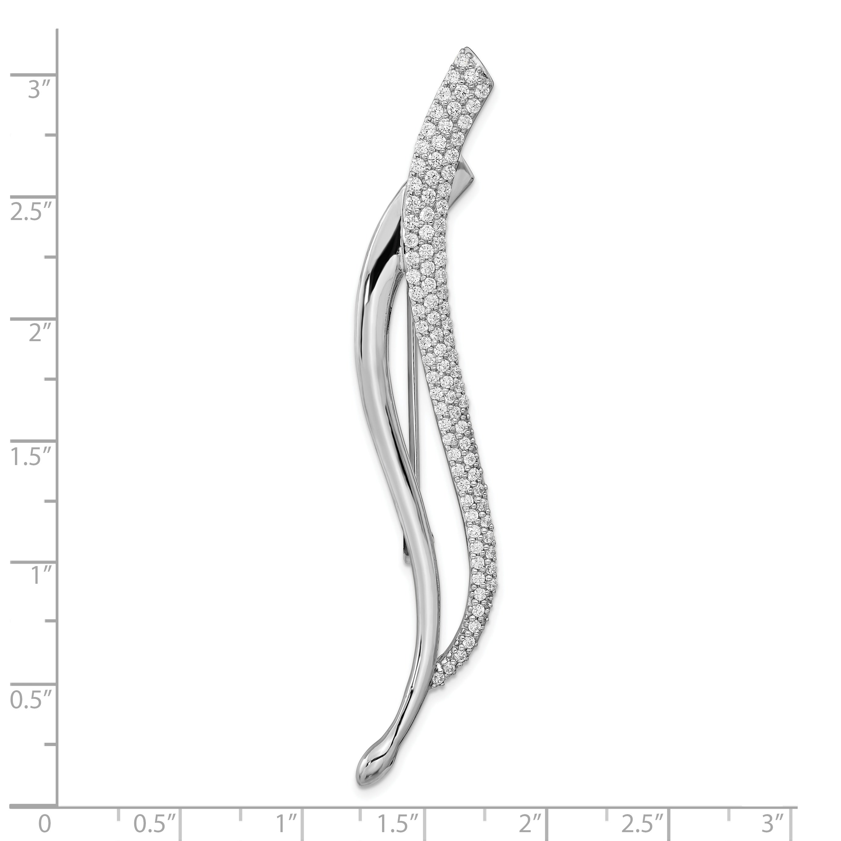 Sterling Silver Rhodium-plated CZ Fancy Curved Pin Brooch
