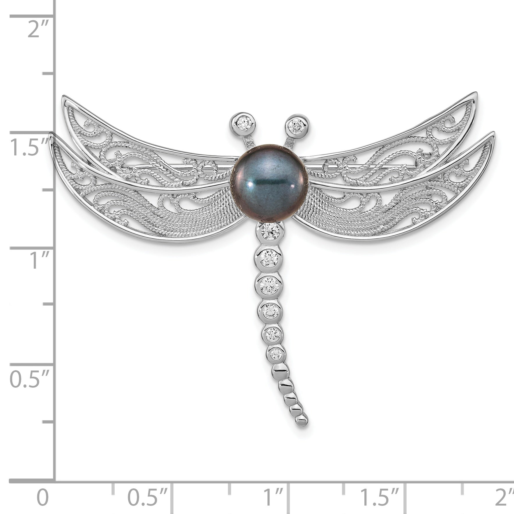 Sterling Silver Rhodium-plated Filigree Dragonfly Accented with CZ and 8-9mm Black Button Freshwater Cultured Pearl Dragonfly Pin Brooch