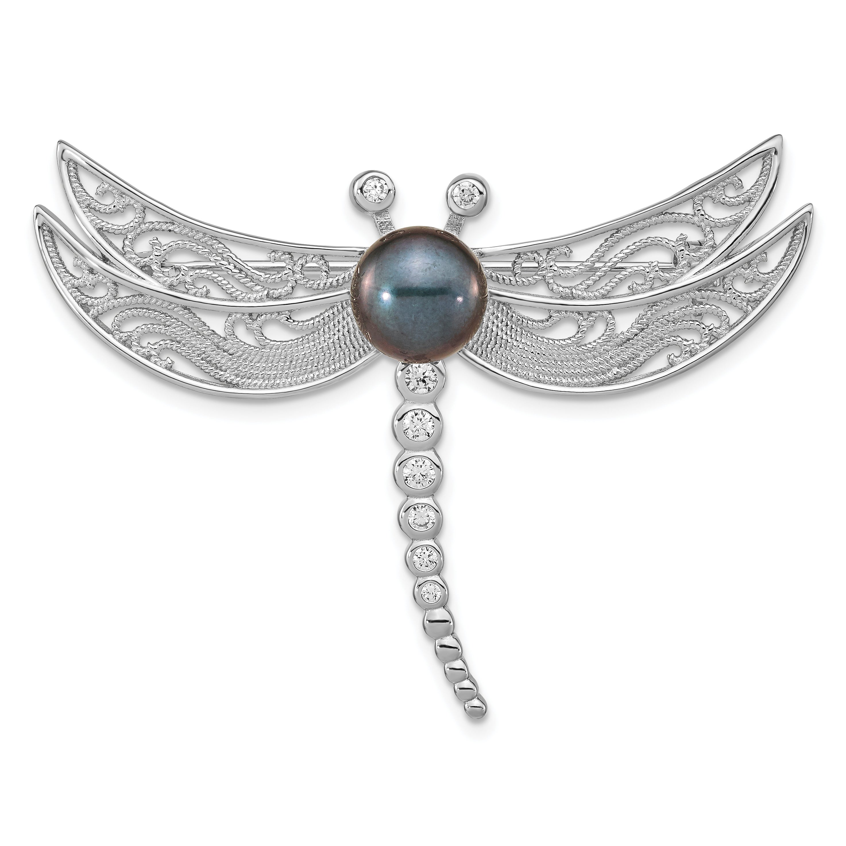 Sterling Silver Rhodium-plated Filigree Dragonfly Accented with CZ and 8-9mm Black Button Freshwater Cultured Pearl Dragonfly Pin Brooch