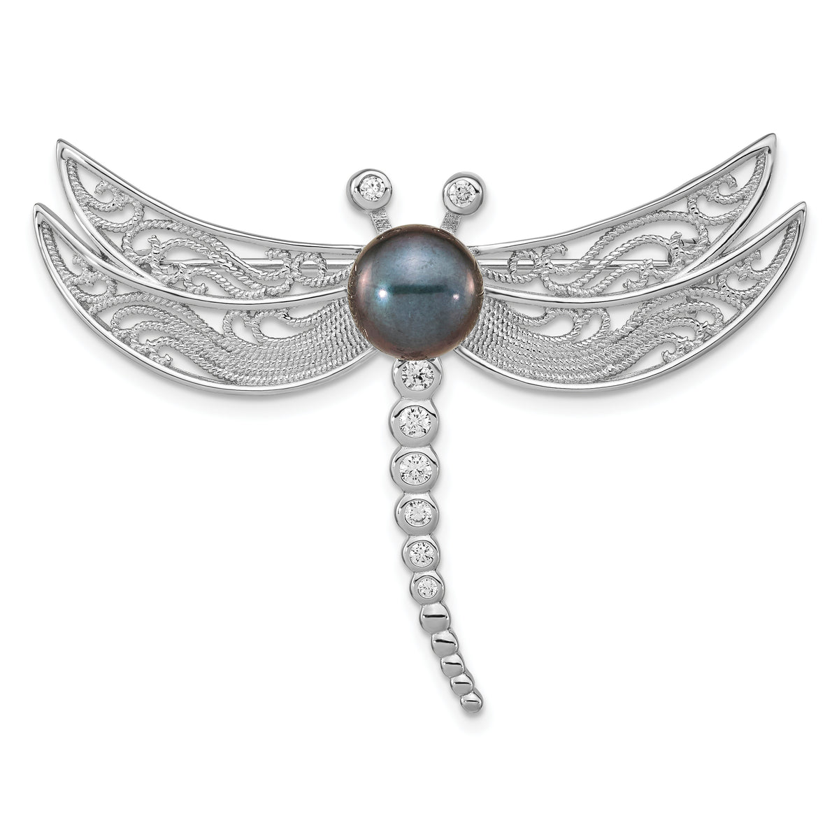 Sterling Silver Rhodium-plated Filigree Dragonfly Accented with CZ and 8-9mm Black Button Freshwater Cultured Pearl Dragonfly Pin Brooch