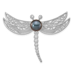 Sterling Silver Rhodium-plated Filigree Dragonfly Accented with CZ and 8-9mm Black Button Freshwater Cultured Pearl Dragonfly Pin Brooch