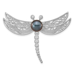 Sterling Silver Rhodium-plated Filigree Dragonfly Accented with CZ and 8-9mm Black Button Freshwater Cultured Pearl Dragonfly Pin Brooch