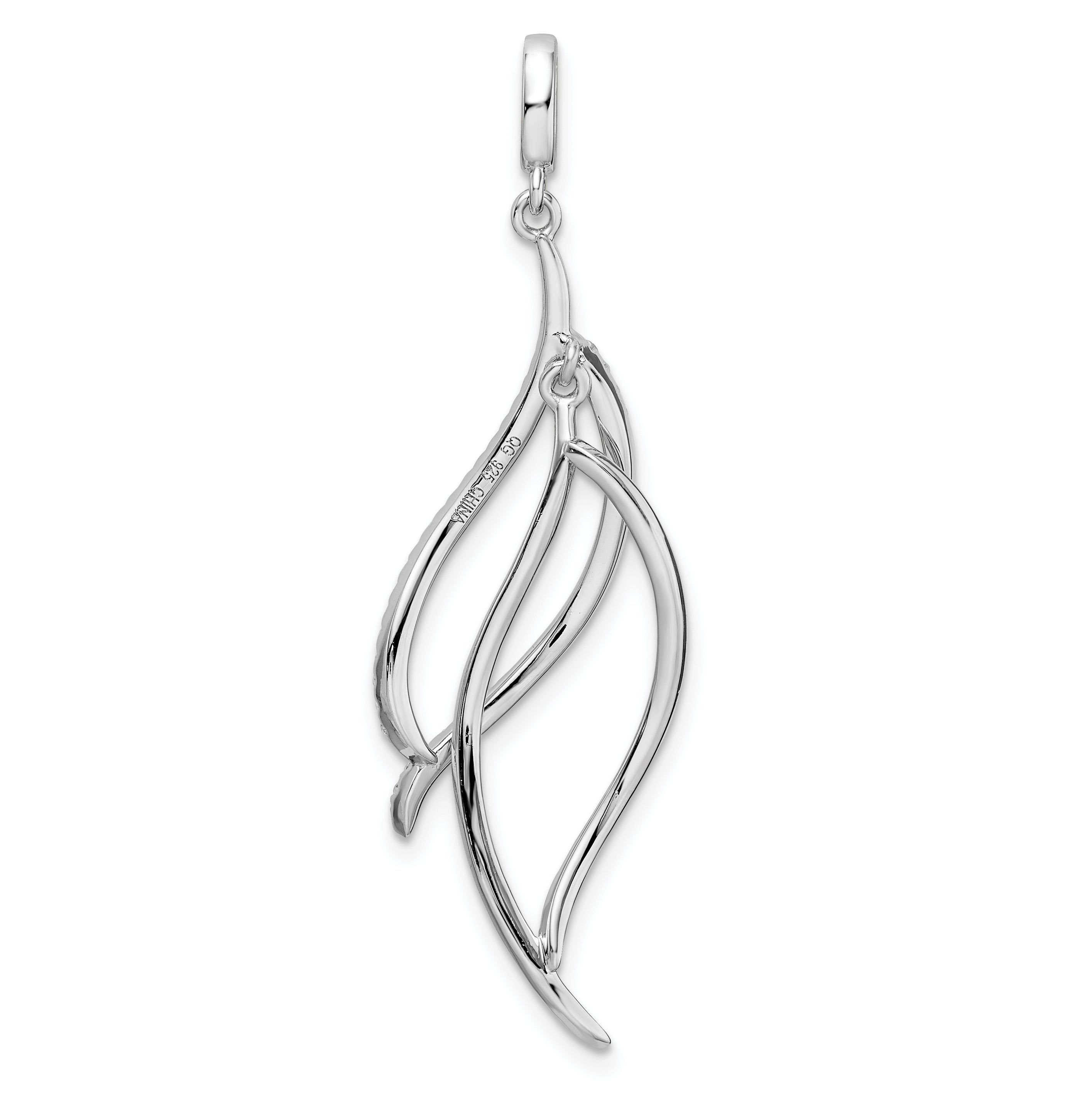 Sterling Silver Rhodium-plated CZ Dangle Leaf Pendant