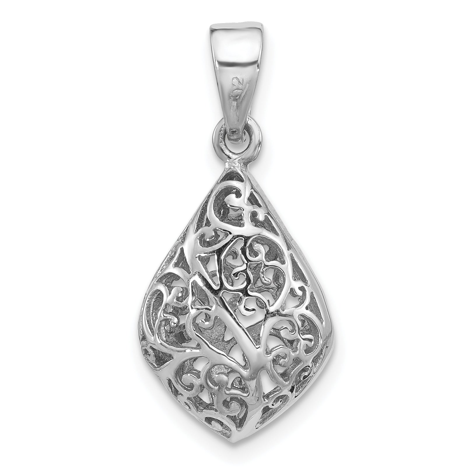 Sterling Silver Rhodium-Plated Polished Puffed Filigree Teardrop Pendant