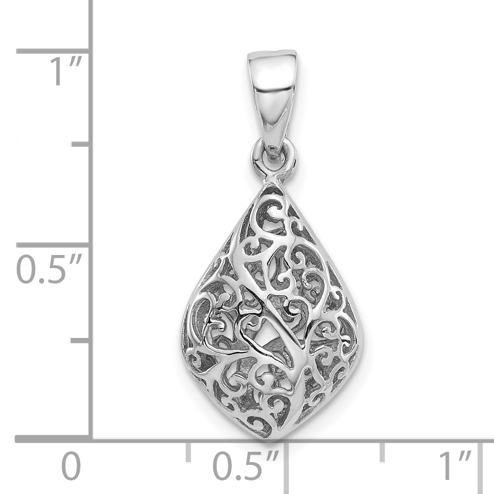 Sterling Silver Rhodium-Plated Polished Puffed Filigree Teardrop Pendant