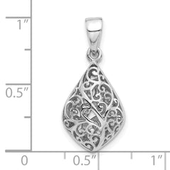 Sterling Silver Rhodium-Plated Polished Puffed Filigree Teardrop Pendant