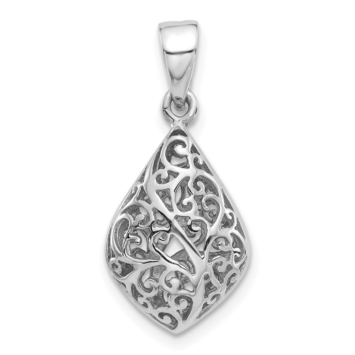 Sterling Silver Rhodium-Plated Polished Puffed Filigree Teardrop Pendant