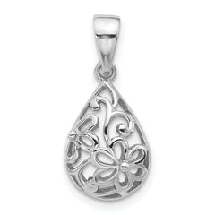 Sterling Silver Rhod-Plated Polished Half Dome Teardrop Filigree Pendant