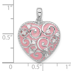 Sterling Silver Rhodium-plated Polished Pink Enamel CZ Heart Pendant