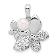 Sterling Silver Rhodium-plated FWC Pearl and CZ Butterfly Pendants