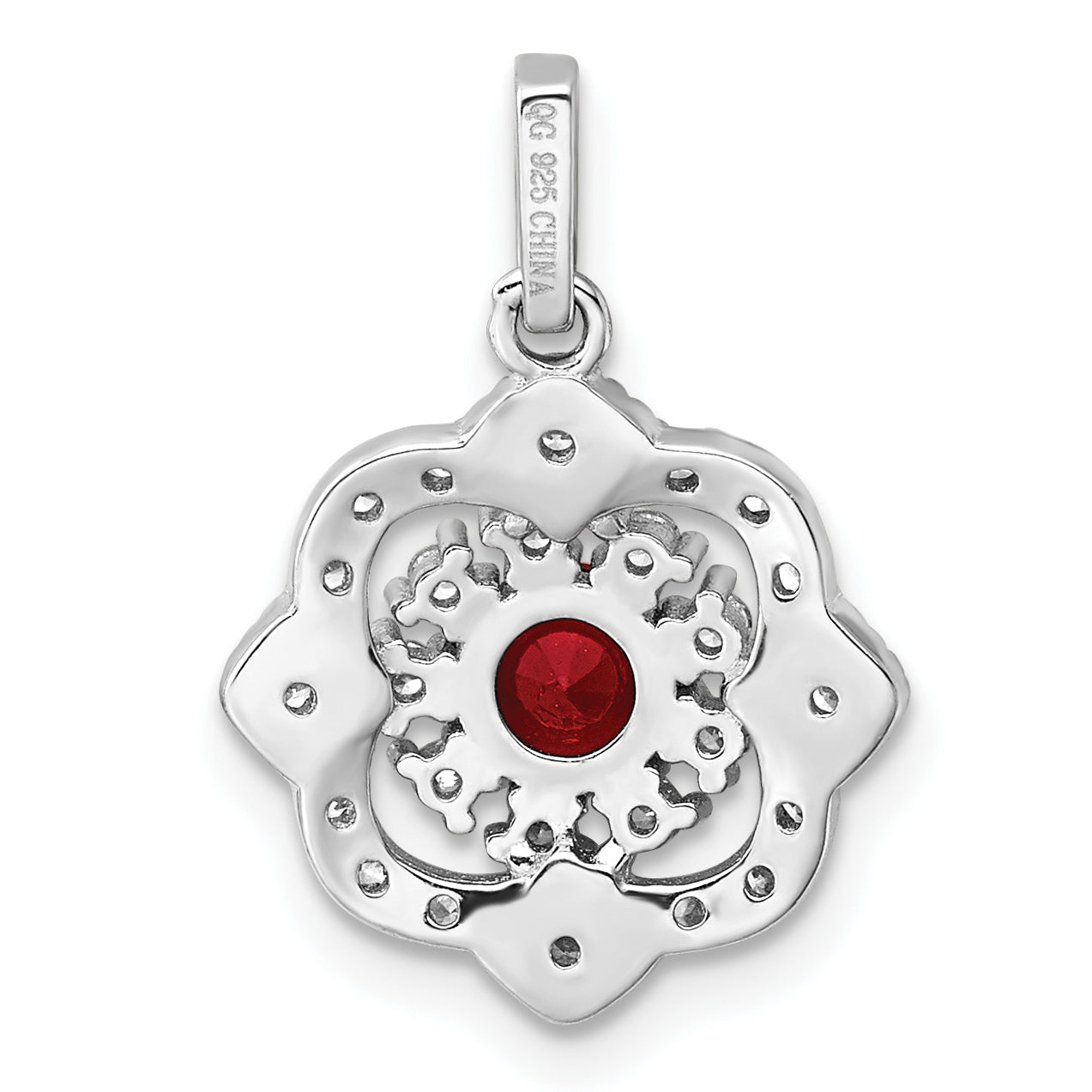 Sterling Silver RH-plated Red Glass & Clear CZ Fancy Vintage Pendant