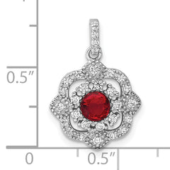 Sterling Silver RH-plated Red Glass & Clear CZ Fancy Vintage Pendant