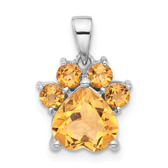 Sterling Silver Rhodium-plated Polished Citrine Paw Pendant