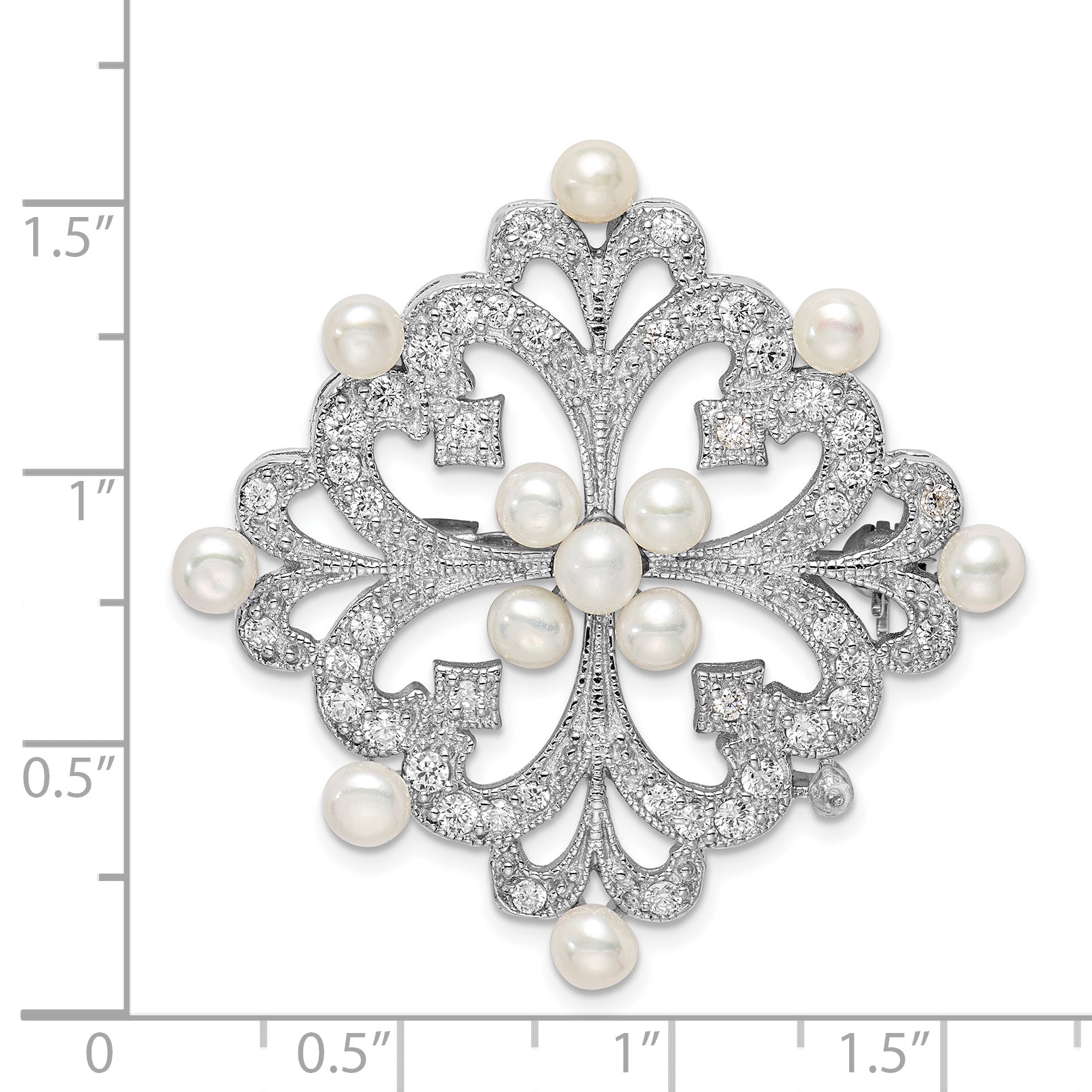 Sterling Silver Rhodium-plated CZ and Freshwater Cultured Pearls Vintage Style Pin Brooch