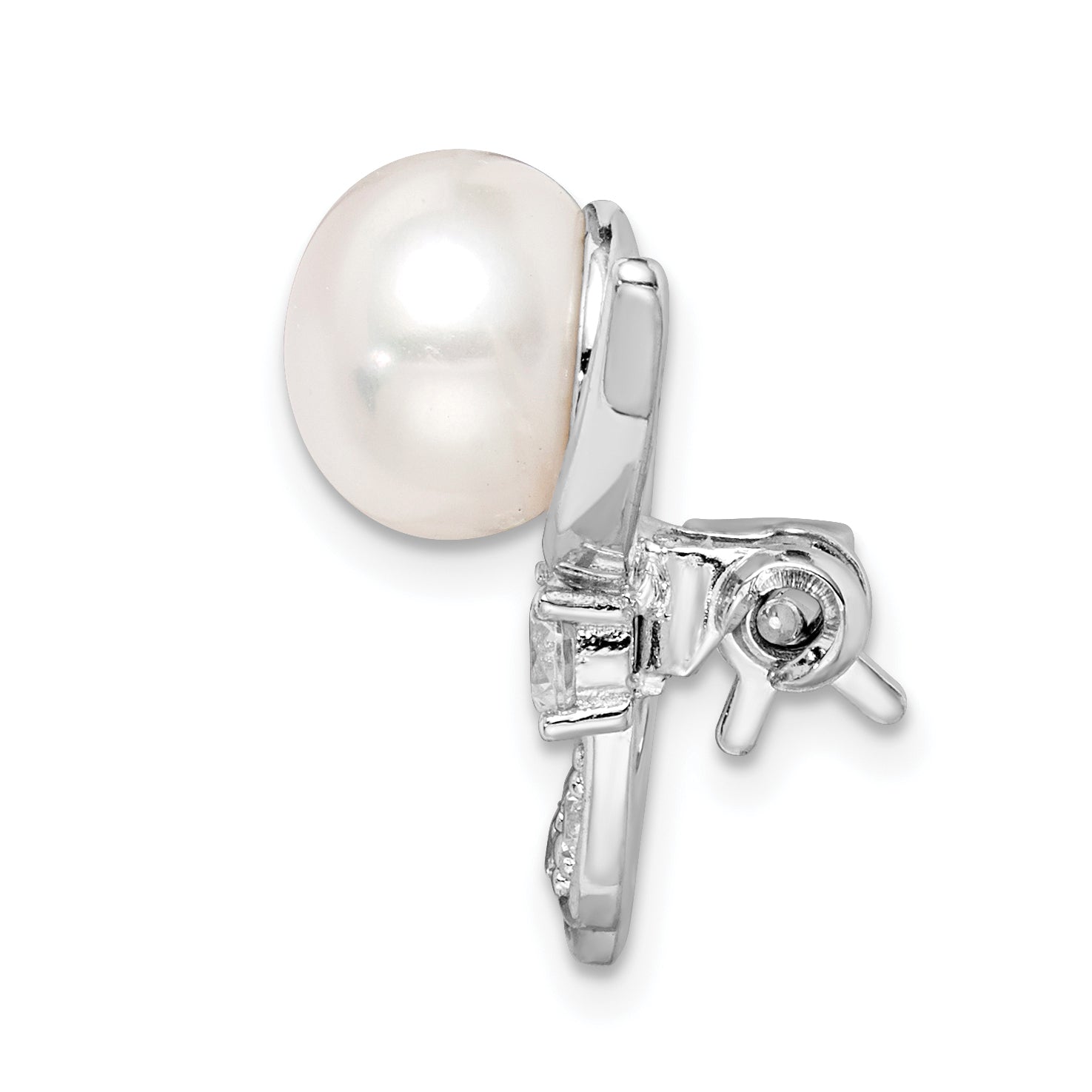 Sterling Silver Freshwater Pearl & CZ Brooch with Rhodium Finish