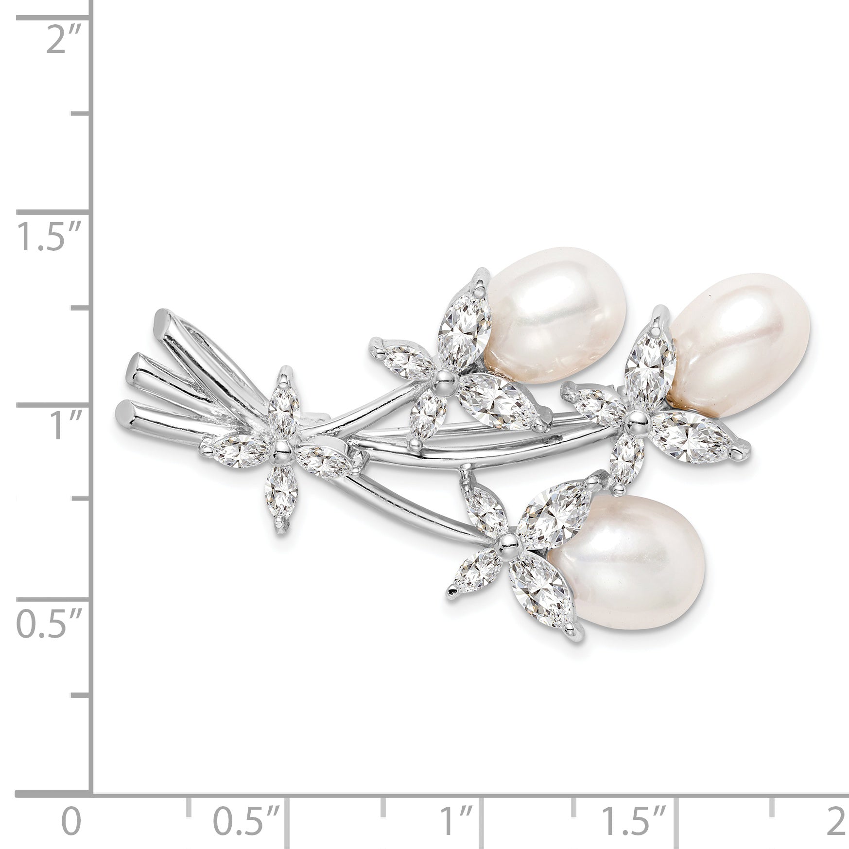 Sterling Silver Rhodium-Plated Floral Pearl Brooch with CZ Elegance