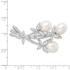 Sterling Silver Rhodium-plated Freshwater Cultured Pearl and CZ Floral Pin Brooch