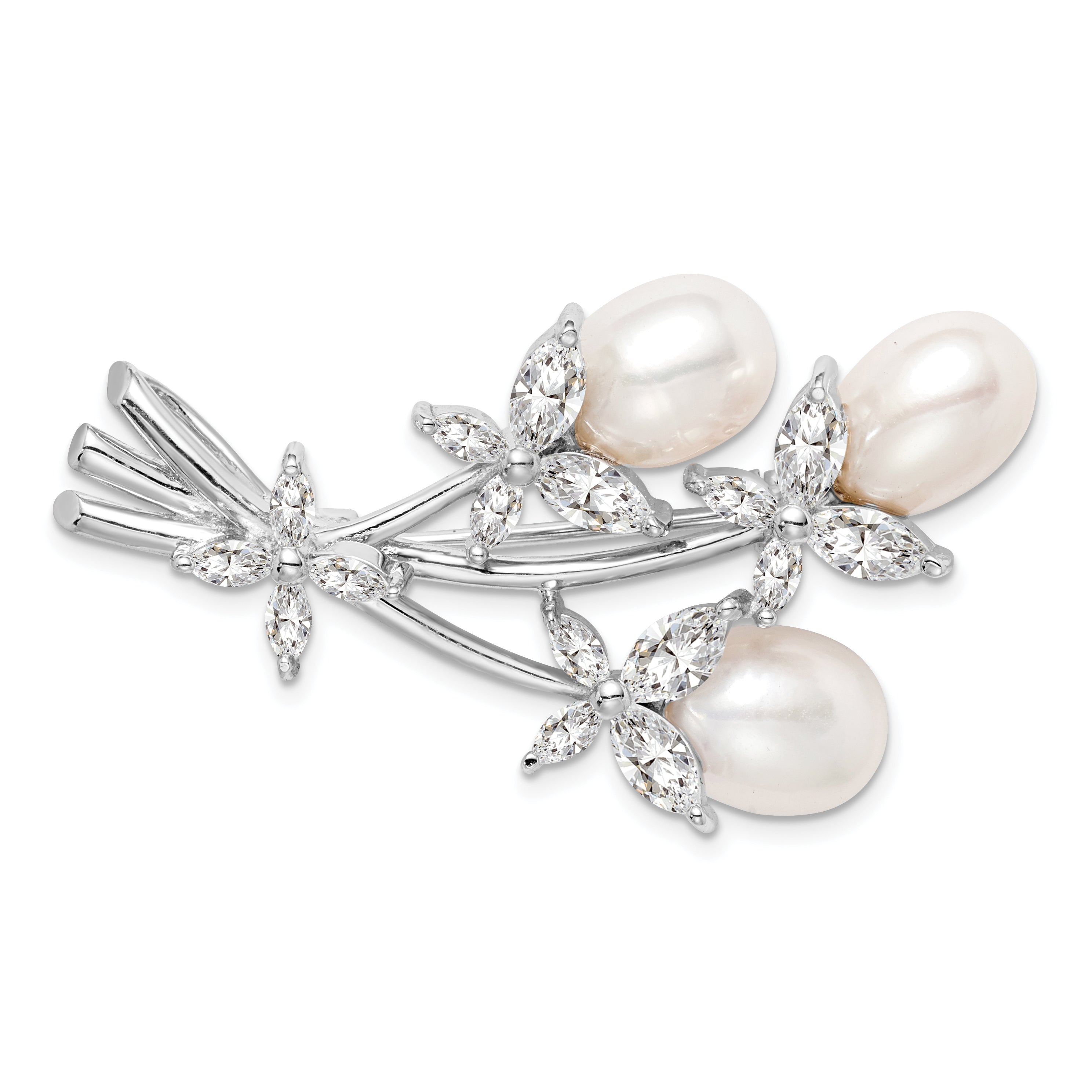 Sterling Silver Rhodium-plated Freshwater Cultured Pearl and CZ Floral Pin Brooch Main image