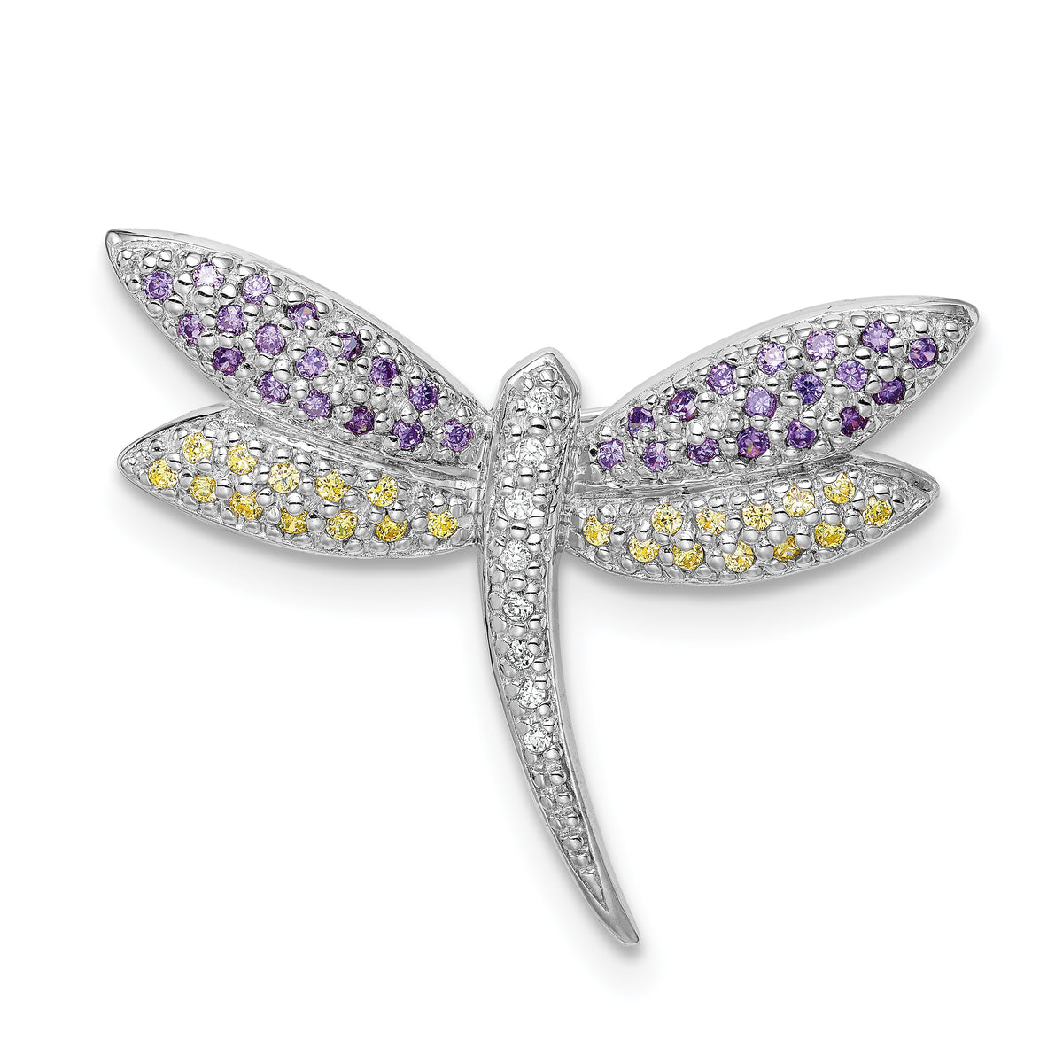 Sterling Silver Rhodium-plated Purple, Yellow & Clear CZ Dragonfly Pin