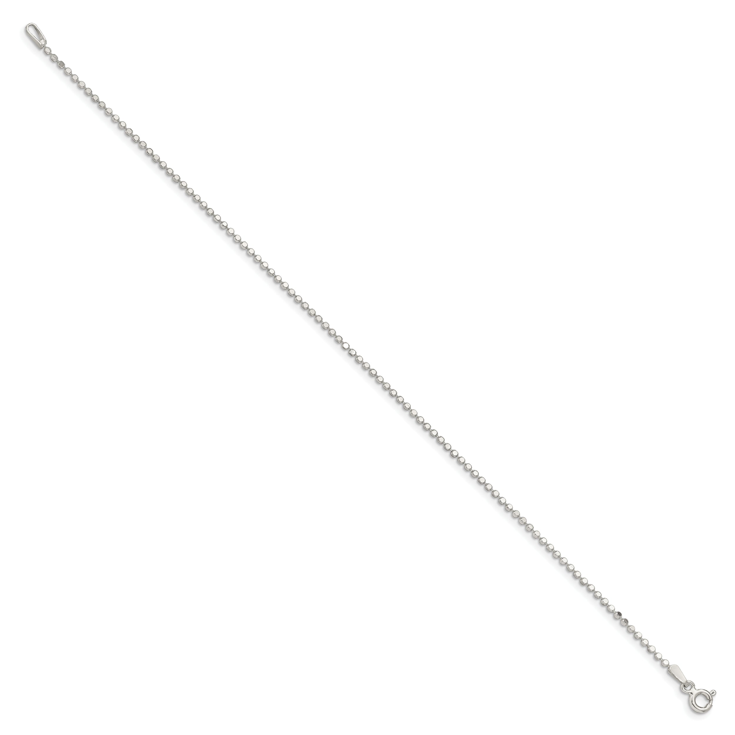 Sterling Silver 1.15mm Square Fancy Beaded Chain Anklet