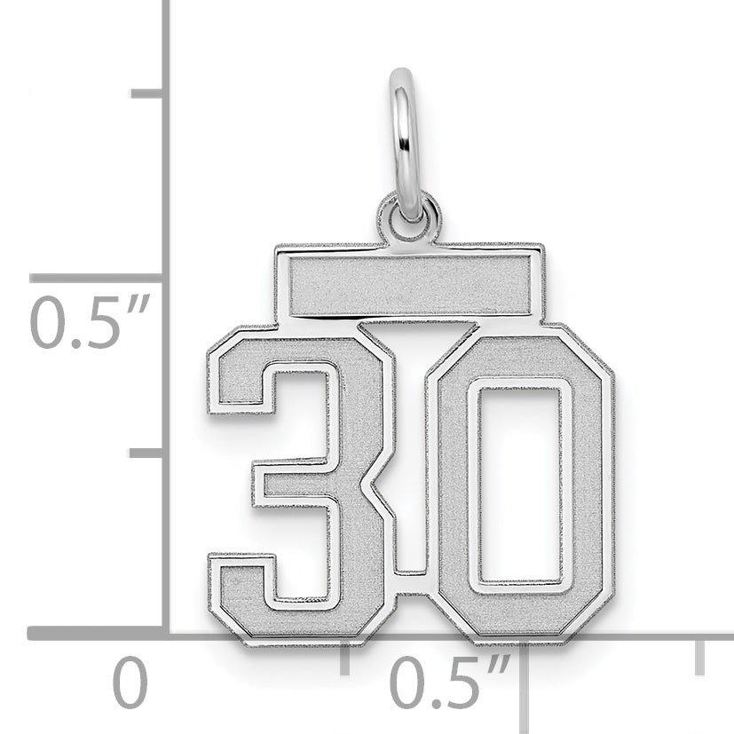 Sterling Silver Rhodium-plated Small Satin Number 30 Charm