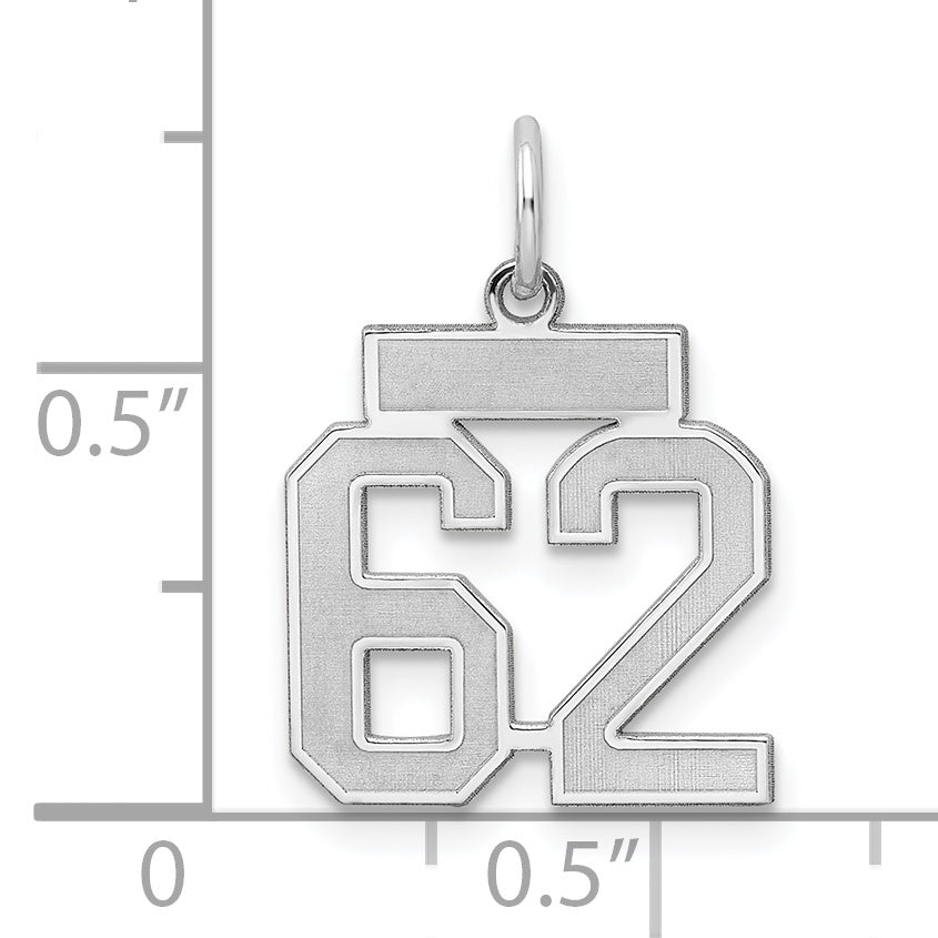 Sterling Silver Rhodium-plated Small Satin Number 62 Charm