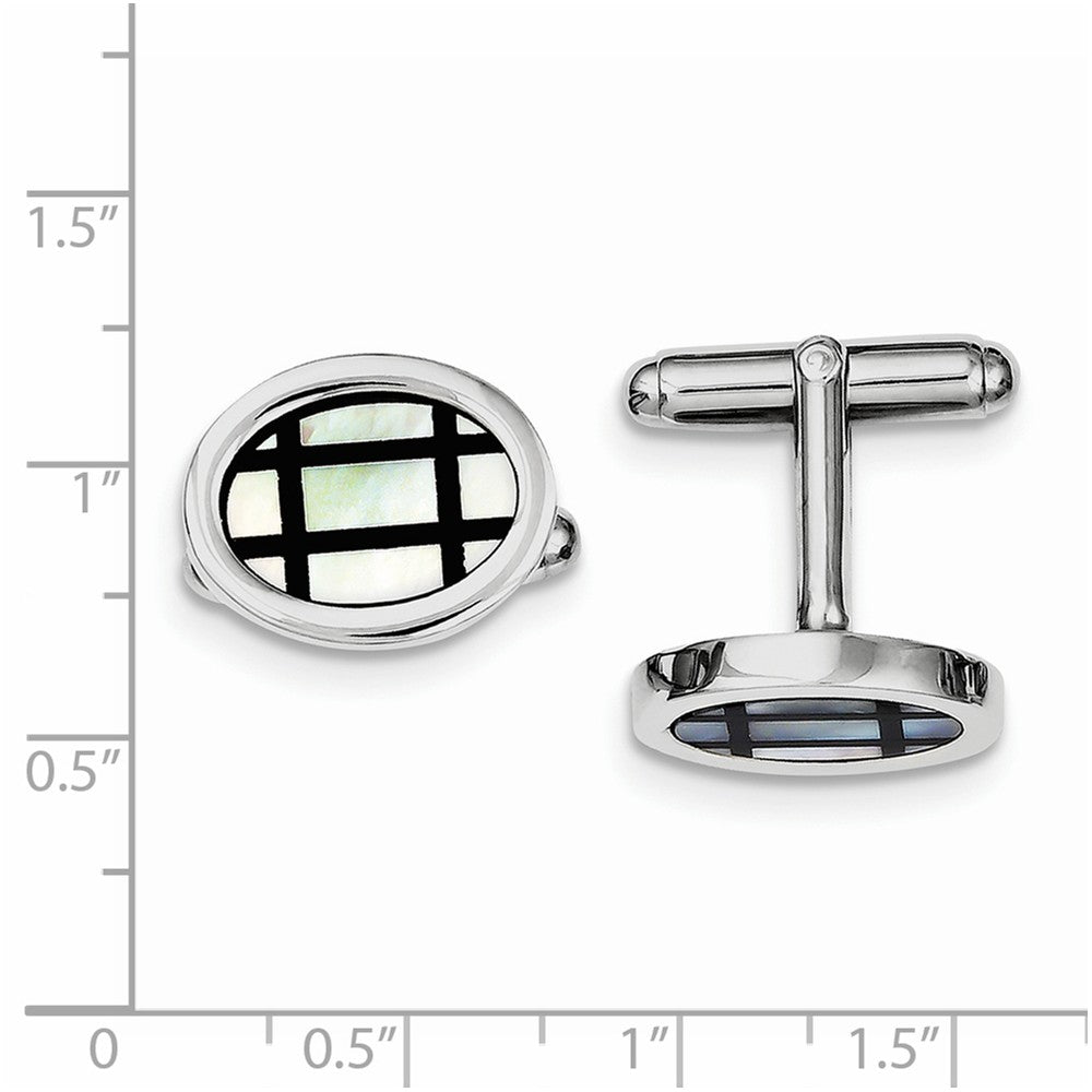 Sterling Silver Rhodium-plated with MOP and Black Enamel Cuff Links