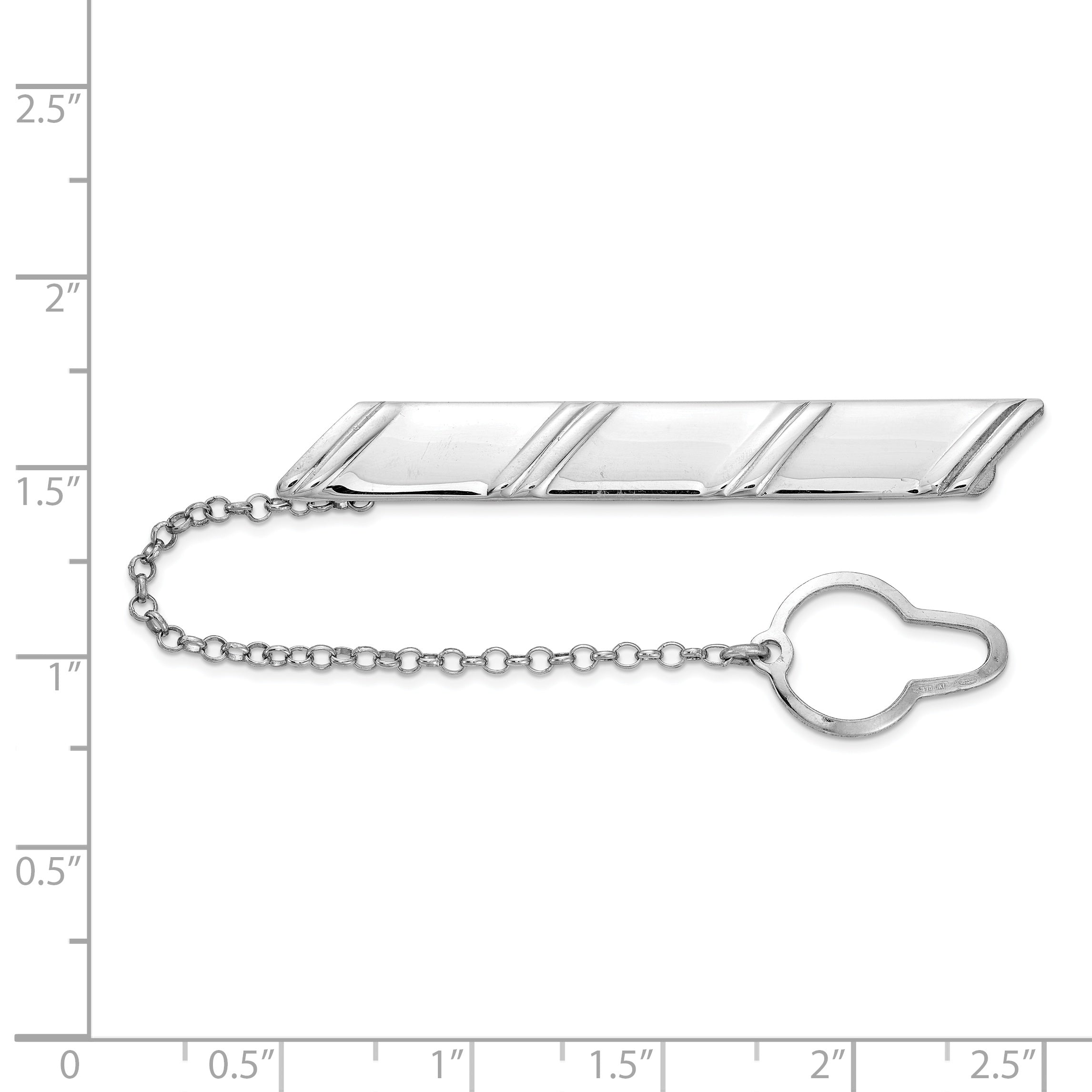 Sterling Silver Rhodium-plated Diagonal Stripes w/Button Chain Tie Bar Secondary image