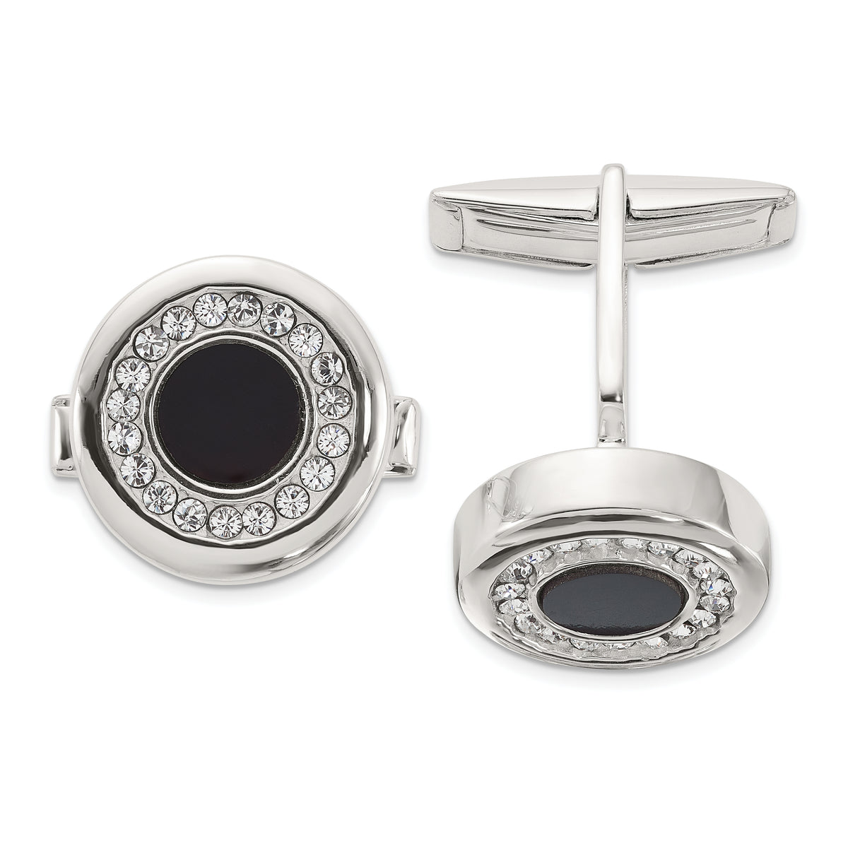 Sterling Silver Round Onyx and Crystal Cuff Links