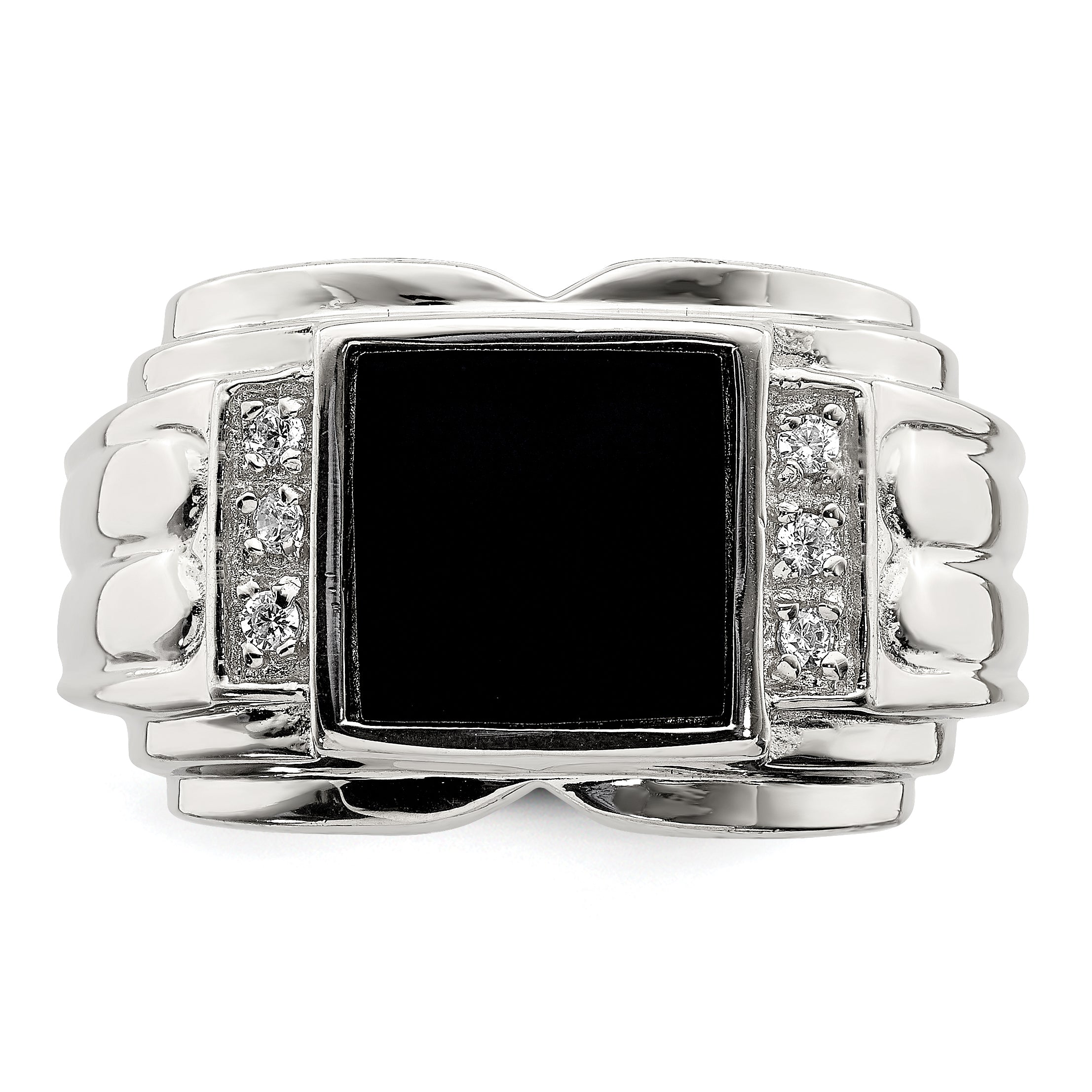 Sterling Silver Rhodium-plated CZ and Onyx Ring - 9