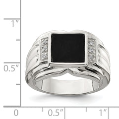 Sterling Silver Rhodium-plated CZ and Onyx Ring - 9