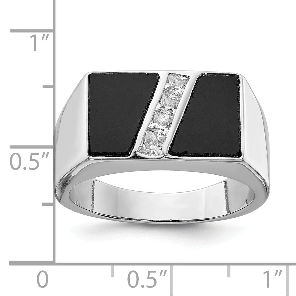 Sterling Silver Rhodium-plated Men's CZ and Onyx Ring - 9